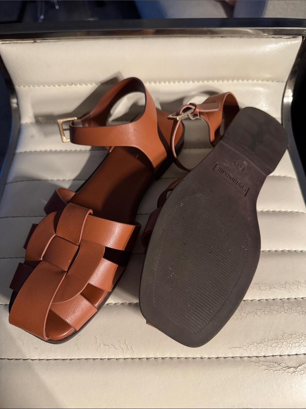 Women's Tan Woven Ankle-Strap Sandals